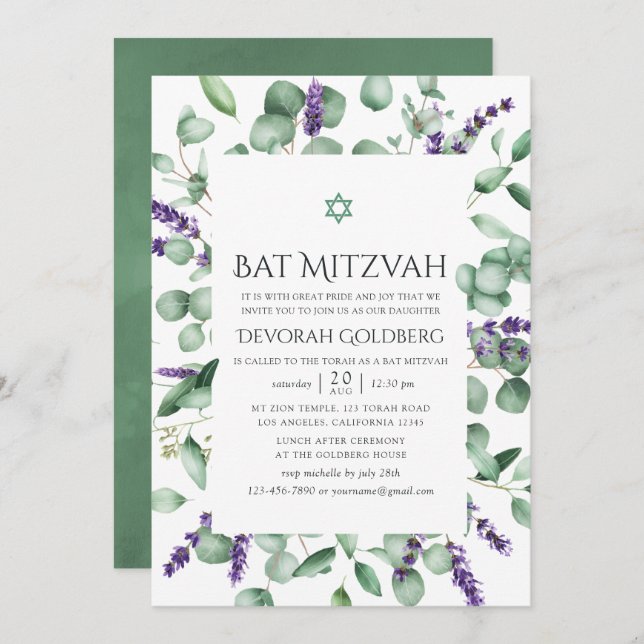 Invitation Bat mitzvah de verdure Eucalyptus Lavender (Devant / Derrière)