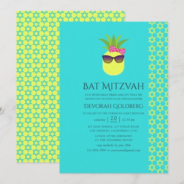 Invitation Bat mitzvah d'été Turquoise et Lemon Tropical (Devant / Derrière)