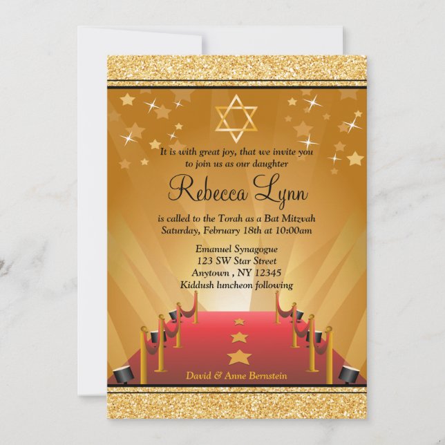 Invitation Bat mitzvah d'étoile d'or de Hollywood de tapis (Devant)