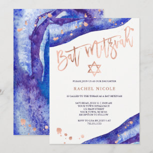 Invitation Bat mitzvah d'or Blue Geode et Faux Rose Gold Look