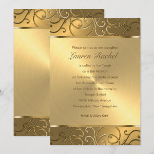 Invitation Bat mitzvah Elegant All Gold Filigree