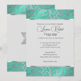 Invitation Bat mitzvah Elegant Aqua Green Silver Filigree
