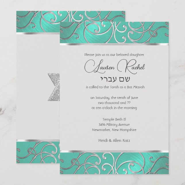 Invitation Bat mitzvah Elegant Aqua Green Silver Filigree (Devant / Derrière)