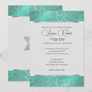 Invitation Bat mitzvah Elegant Aqua Green Silver Filigree