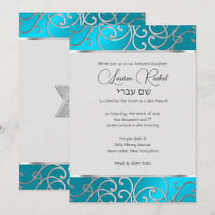 Invitation Bat mitzvah Elégant bleu turquoise Silver Filigree