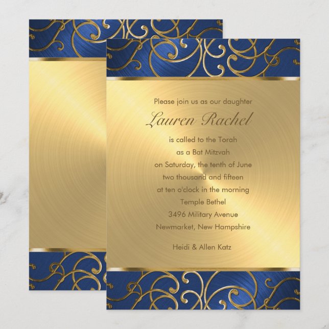 Invitation Bat mitzvah Elegant Blue et Gold Filigree (Devant / Derrière)
