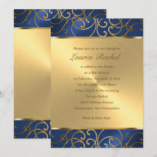 Invitation Bat mitzvah Elegant Blue et Gold Filigree
