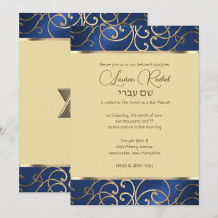 Invitation Bat mitzvah Elegant Blue et Gold Filigree