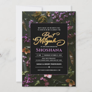 Invitation Bat mitzvah Élégant Boho Moderne Script Floral