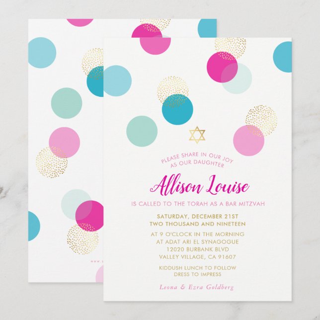 Invitation BAT MITZVAH élégant confetti tache or menthe rose (Devant / Derrière)