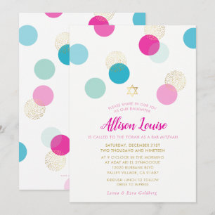 Invitation BAT MITZVAH élégant confetti tache or menthe rose