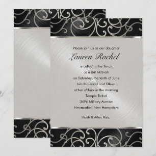 Invitation Bat mitzvah élégant Filigree noir et argent