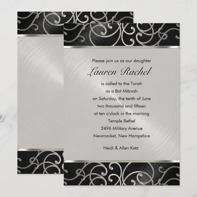Invitation Bat mitzvah élégant Filigree noir et argent (Devant / Derrière)