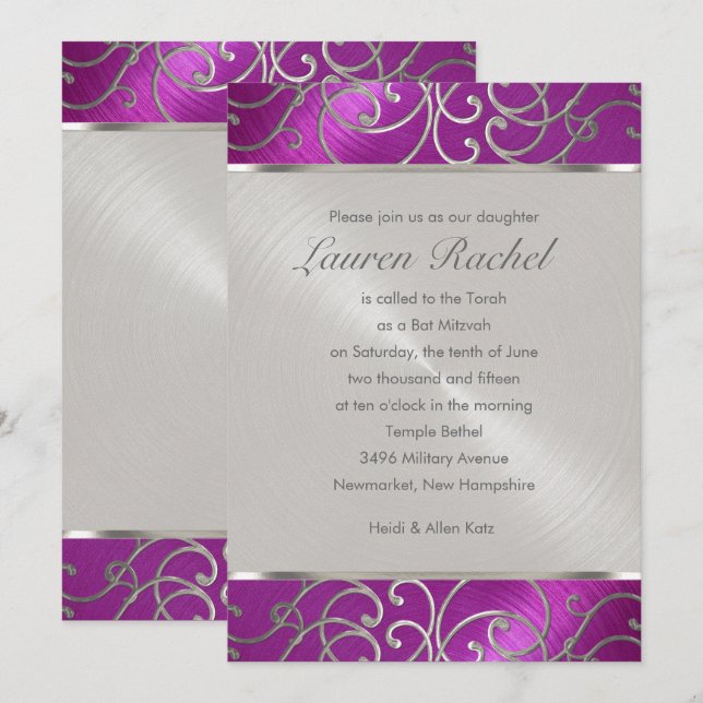 Invitation Bat mitzvah Elégant Framboise rose argent Filigree (Devant / Derrière)