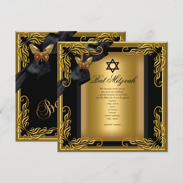 Invitation Bat mitzvah Elegant Gold Black Butterfly (Devant / Derrière)