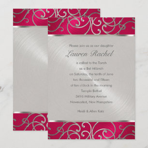 Invitation Bat mitzvah Élégant Magenta Rose Silver Filigree