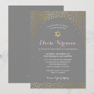 Invitation BAT MITZVAH élégant mini confetti spot or gris