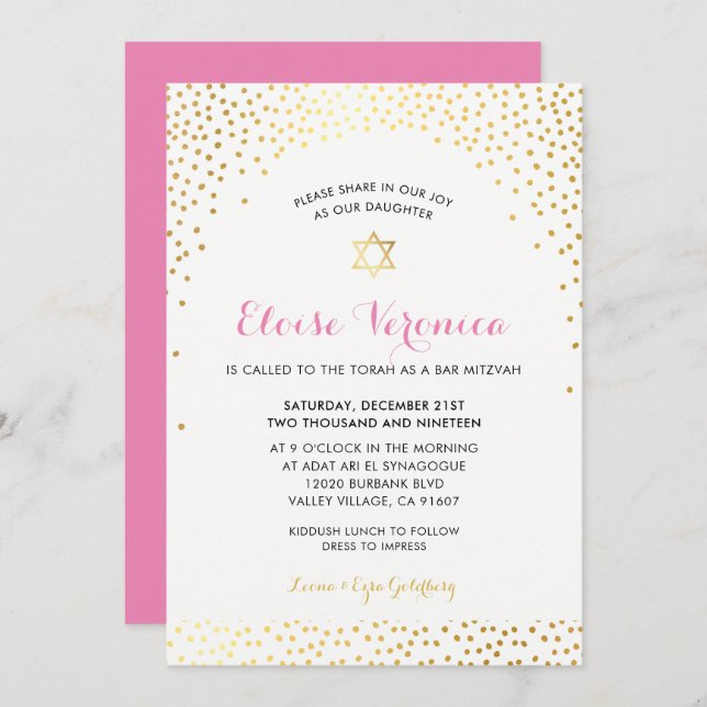 Invitation BAT MITZVAH élégant mini confetti spot or rose (Devant / Derrière)
