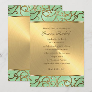 Invitation Bat mitzvah Elegant Mint Green Gold Filigree