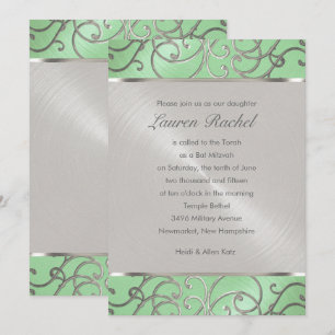Invitation Bat mitzvah Elégant Mint Green Silver Filigree