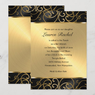 Invitation Bat mitzvah Elegant noir et or Filigree