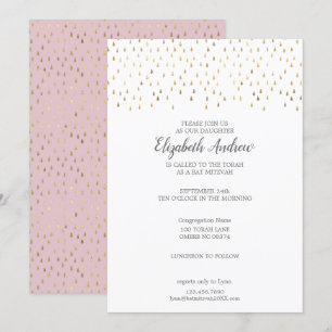 Invitation Bat mitzvah Elegant Pink & Gold Raindrops