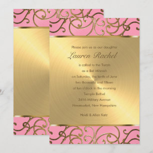 Invitation Bat mitzvah Elegant Rose et Gold Filigree