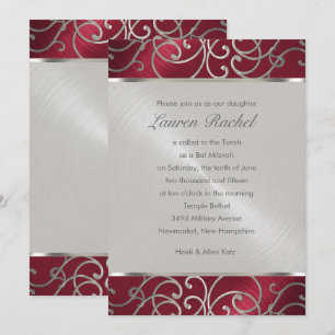 Invitation Bat mitzvah élégant rouge et argent Filigree