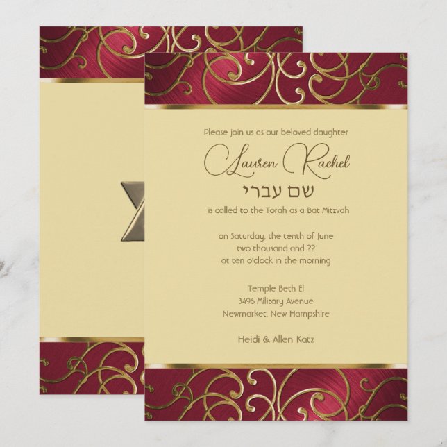 Invitation Bat mitzvah Elegant Rouge et Gold Filigree (Devant / Derrière)