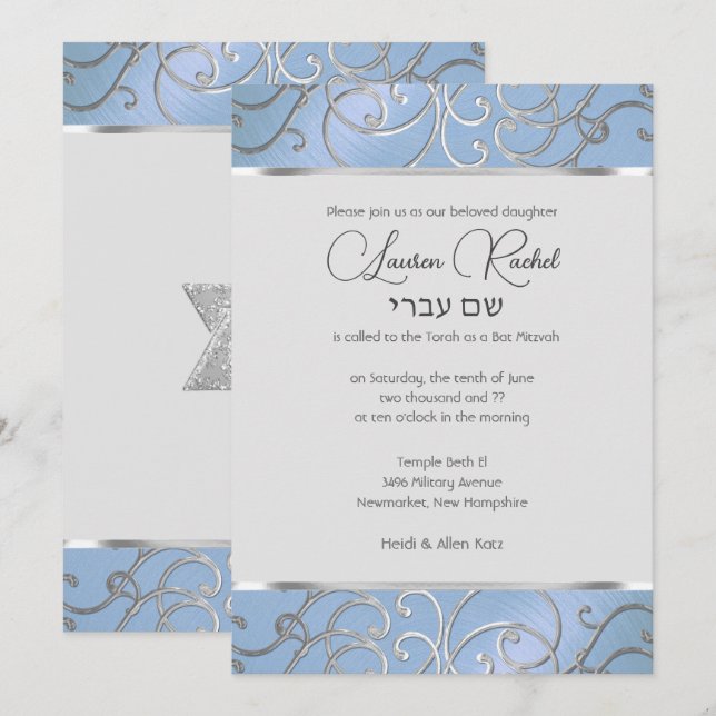 Invitation Bat mitzvah élégant Sky Blue et Silver Filigree (Devant / Derrière)