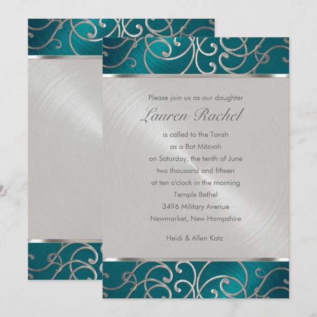 Invitation Bat mitzvah élégant Turquoise bleu et argent Filig (Devant / Derrière)