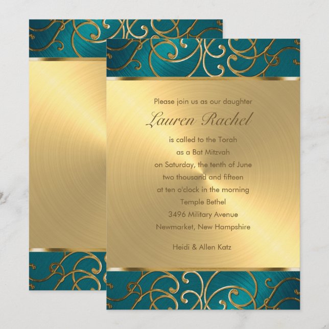 Invitation Bat mitzvah élégant Turquoise bleu et or Filigree (Devant / Derrière)