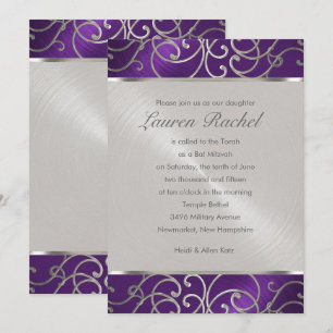 Invitation Bat mitzvah élégant violet et filigree argenté