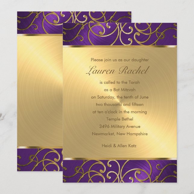 Invitation Bat mitzvah élégant violet et Gold Filigree (Devant / Derrière)