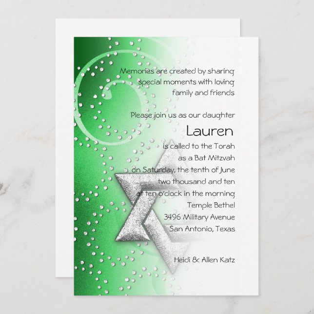 Invitation Bat mitzvah Emerald Shimmer Star de David (Devant / Derrière)