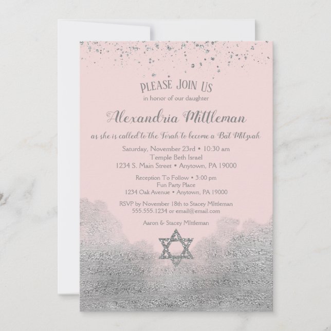 Invitation Bat mitzvah en argent rose (Devant)