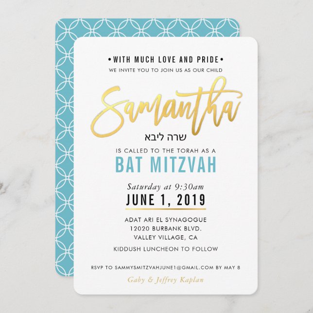 Invitation BAT MITZVAH en or bleu turquoise script SAMANTHA (Devant / Derrière)