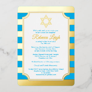 Invitation Bat mitzvah étoile rayé bleu, or
