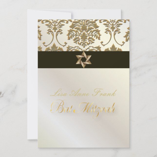 Invitation Bat mitzvah+Faux Gold Damask/black+perle (Devant)