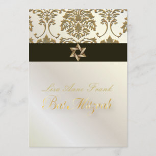 Invitation Bat mitzvah+Faux Gold Damask/black+perle