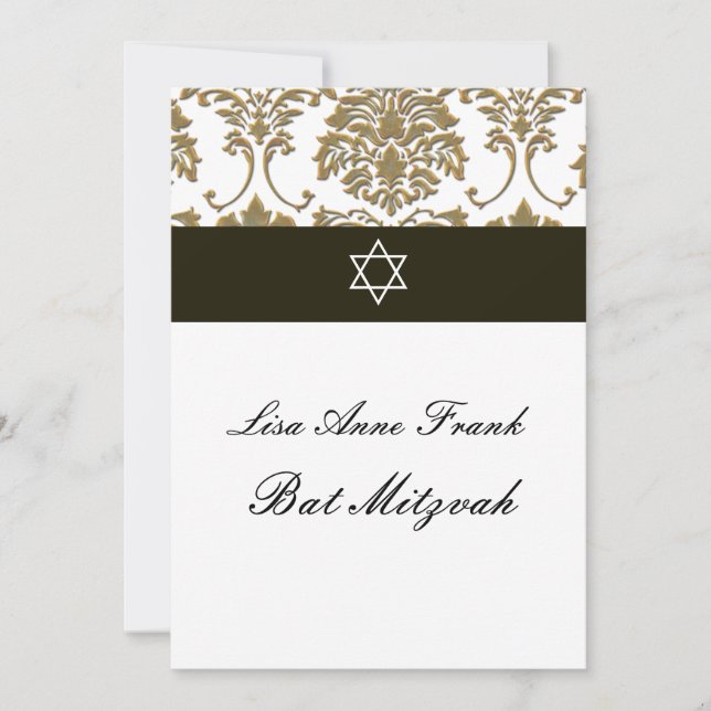 Invitation Bat mitzvah+Faux Gold Damask/noir+blanc (Devant)