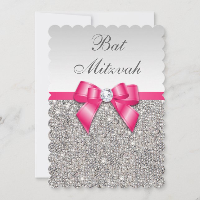 Invitation Bat mitzvah Faux Silver Sequins Hot Pink Bow (Devant)