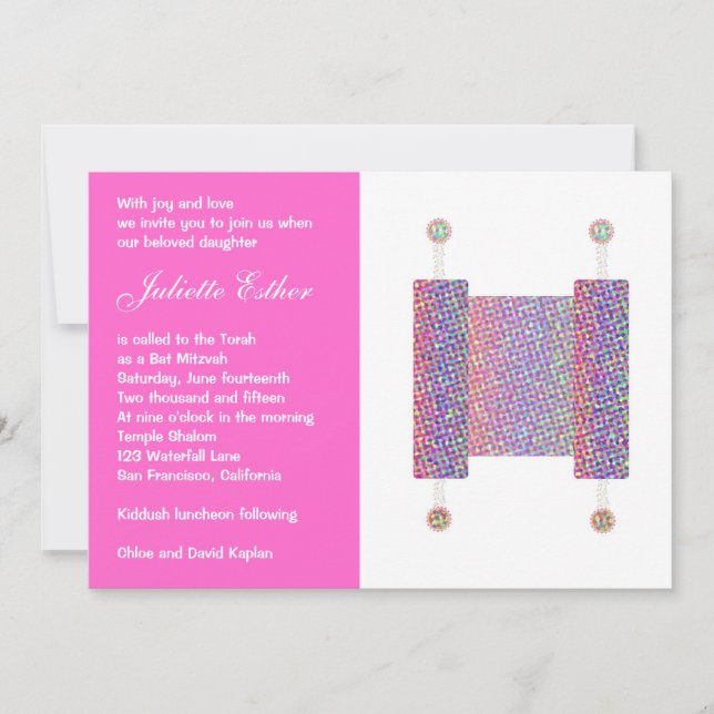 Invitation Bat mitzvah Festive Torah Scroll rose (Devant)