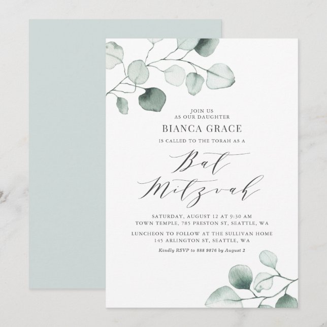 Invitation Bat mitzvah Feuille Boho Dusty Blue Eucalyptus (Devant / Derrière)