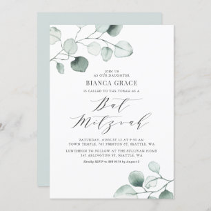 Invitation Bat mitzvah Feuille Boho Dusty Blue Eucalyptus