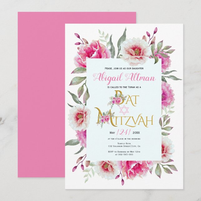 Invitation Bat mitzvah fleuri à l'eau rose chaud (Devant / Derrière)
