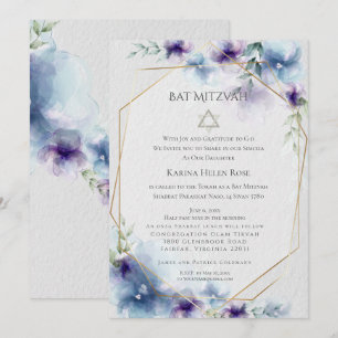 Invitation BAT MITZVAH   Floral aquarelle bleu et violet 2