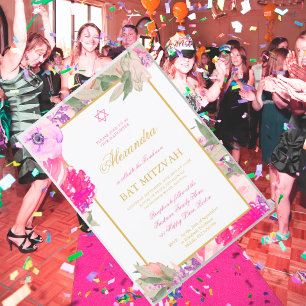 Invitation Bat mitzvah Floral Blanc couleur or juif