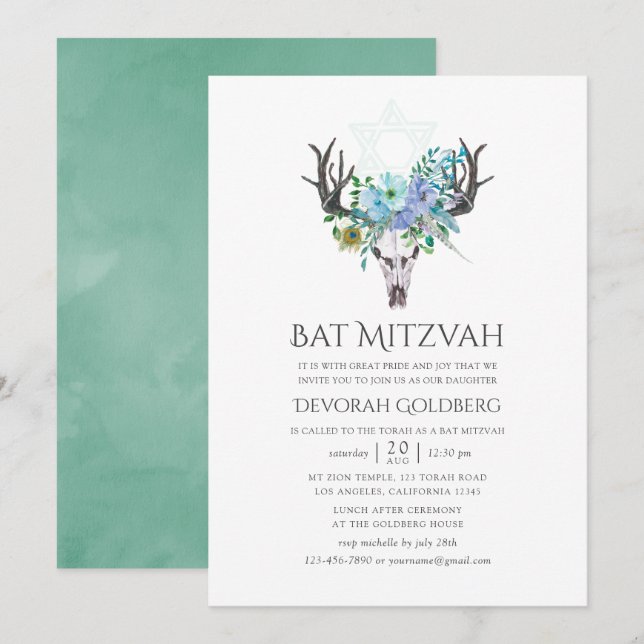 Invitation Bat mitzvah floral Boho à la menthe et à l'aquarel (Devant / Derrière)