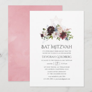 Invitation Bat mitzvah floral Bourgogne et bleu
